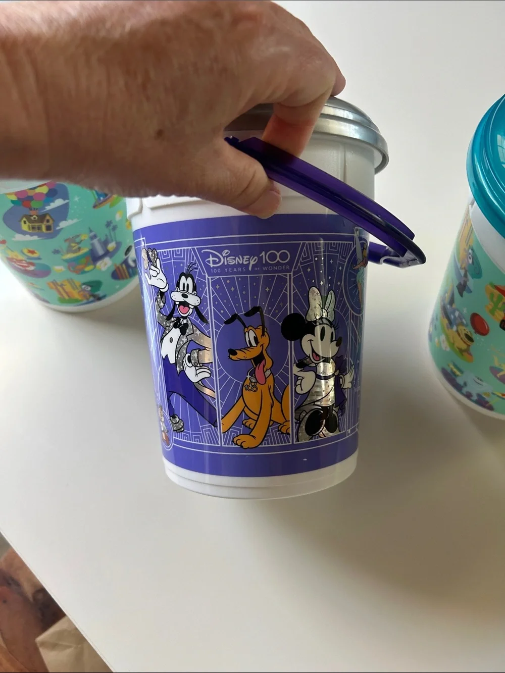 Disney Popcorn Buckets with Teal and Silver Lids